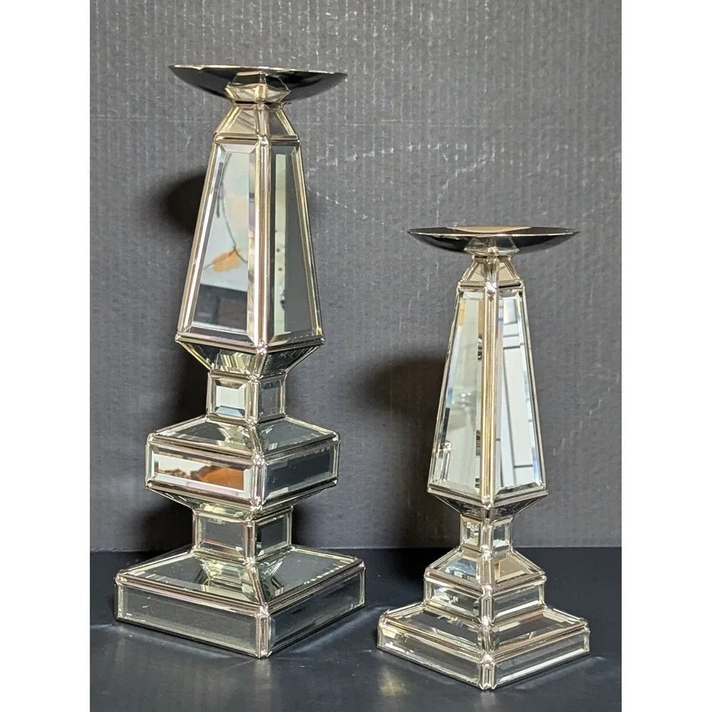 Pier One Silver Mirrored Geometrically Stacked Candlesticks Felt Bottom Set of 2